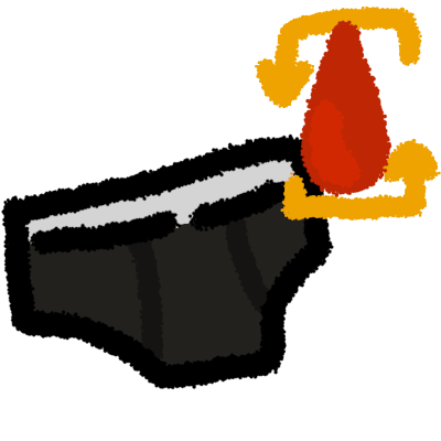 a black pair of period underwear with a white waistband. in the top corner is a red drop of blood with two yellow arrows rotating around it